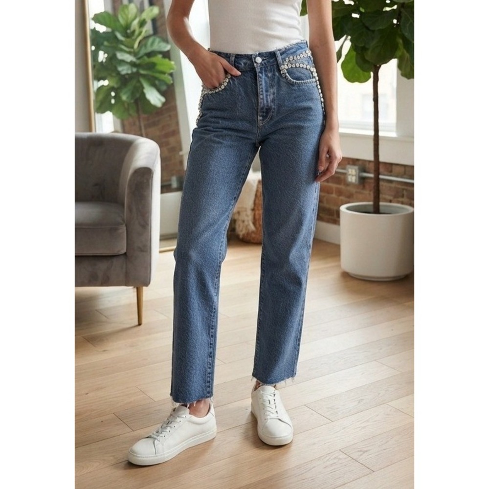 ZARA Rhinestone High Rise Jeans Women's US 0 Blue Cotton Wide Leg Raw Hem Denim